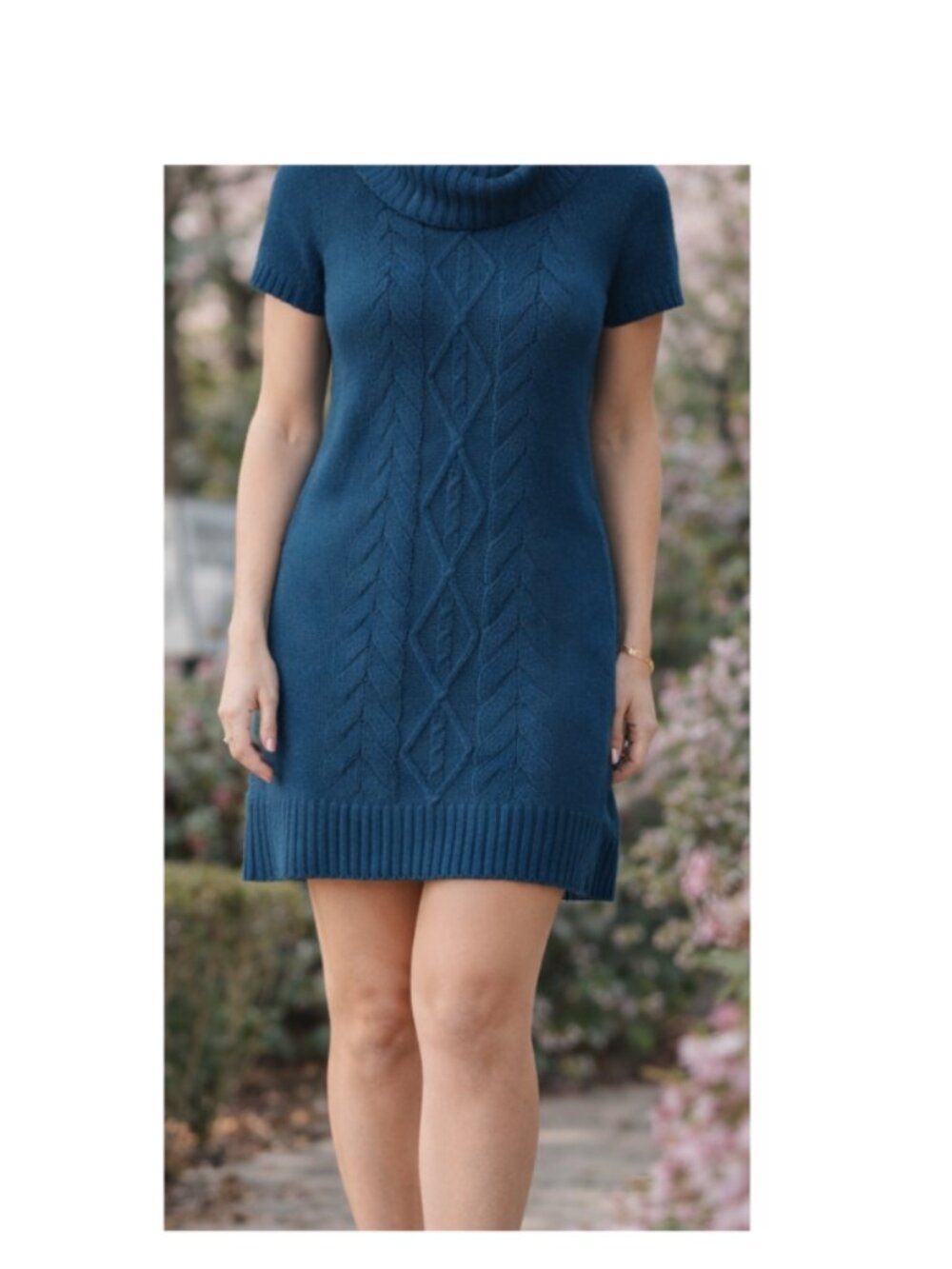 Sweater Dress Womens M Teal Cable Knit Slouch Boho Cozy Short Sleeve